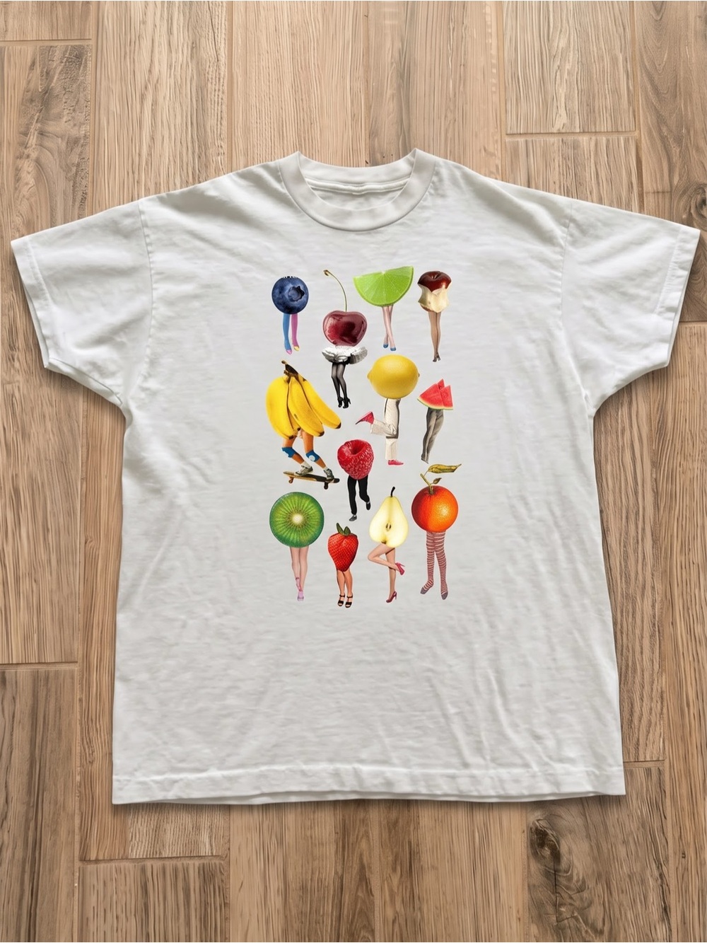 White Graphic Tee with Colorful Fruit Figures